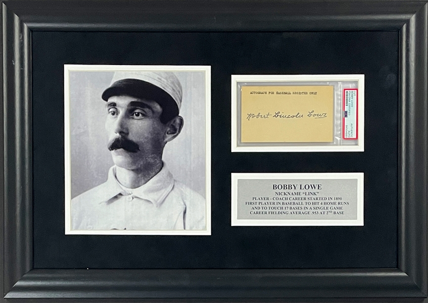 Bobby Lowe Signed Index Card (PSA/DNA Encapsulated) in Framed Display - First Player to Hit Four Home Runs in a Game