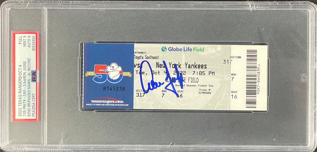 2022 Aaron Judge Signed 62HR Ticket - Passes Roger Maris - PSA MINT 9 - PSA/DNA 9 Auto Grade!