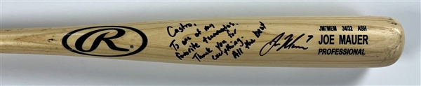 Joe Mauer Signed 2017 Minnesota Twins Rawlings Game Issued Bat - Inscribed to His Teammate Juan Castro (Beckett Authentic)