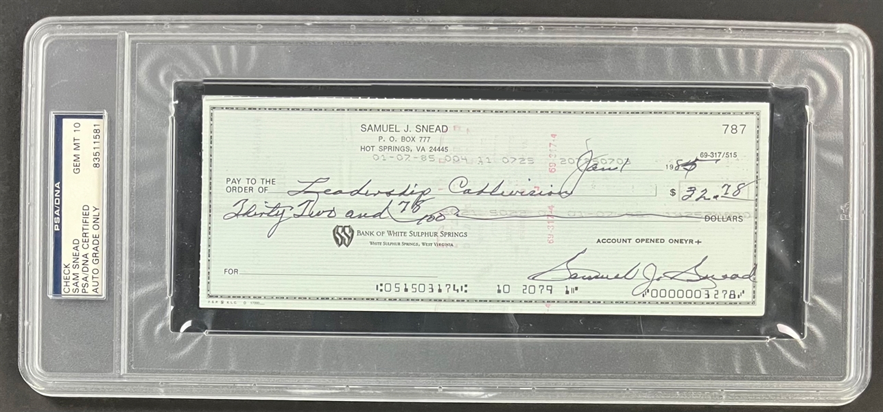 Sam Snead Signed Personal Check (PSA/DNA Encapsulated GEM MINT 10)