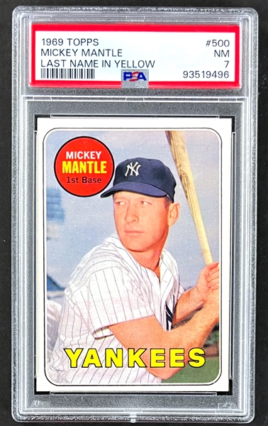 1969 Topps #500 Mickey Mantle Last Name in Yellow - PSA NM 7