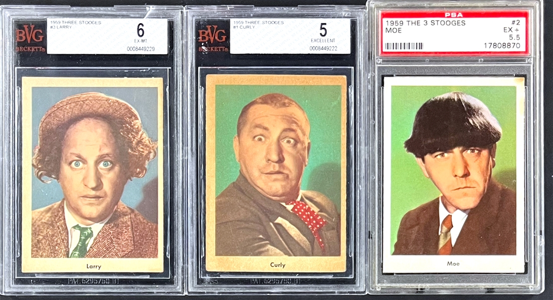 1959 Fleer Three Stooges # 1 Curly, #2 Moe and #3 Larry Graded Trio (3)