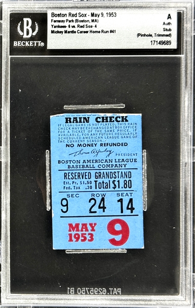 Mickey Mantle Career Home Run #41 Ticket Stub - May 9, 1953, Fenway Park, Boston (Encapsulated Beckett Authentic)