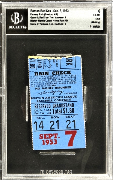 Mickey Mantle Career Home Run #54 Ticket Stub - September 7, 1953, Fenway Park, Boston (Encapsulated Beckett Authentic)