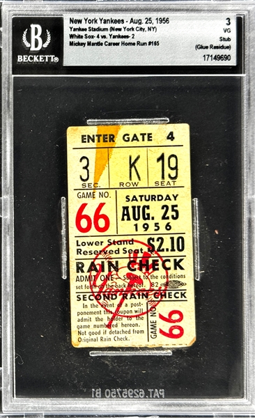 Mickey Mantle Career Home Run #165 Ticket Stub - August 25, 1956, Yankee Stadium (Encapsulated Beckett Authentic)