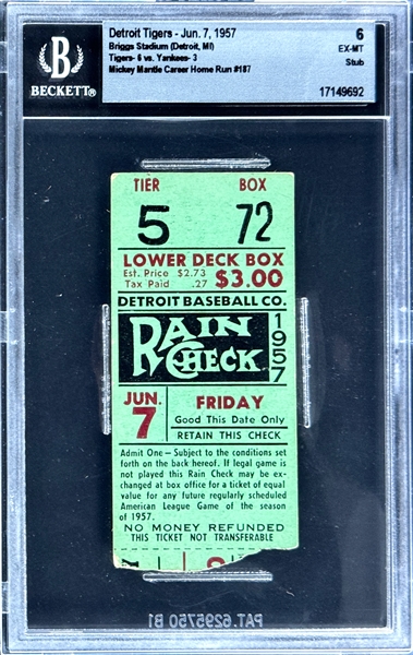 Mickey Mantle Career Home Run #187 Ticket Stub - June 7, 1957, Briggs Stadium (Detroit) (Encapsulated Beckett Authentic)