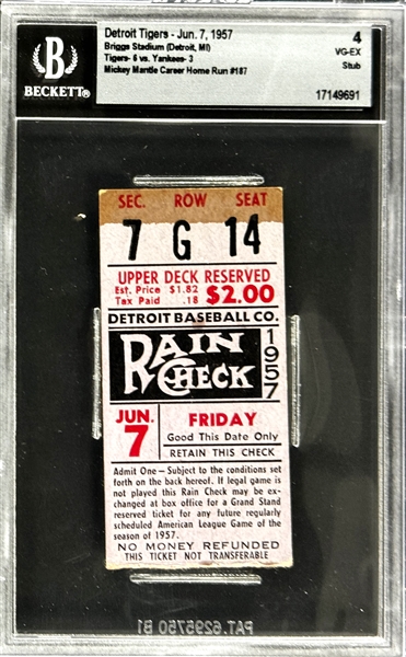 Mickey Mantle Career Home Run #187 Ticket Stub - June 7, 1957, Briggs Stadium (Detroit) (Encapsulated Beckett Authentic)