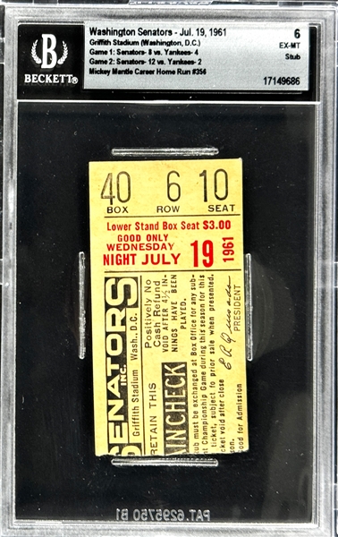 Mickey Mantle Career Home Run #356 Ticket Stub - July 19, 1961, Griffith Stadium (Washington, D.C.) (Encapsulated Beckett Authentic)