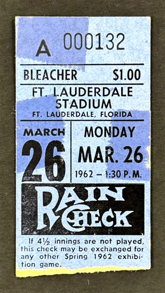 Mickey Mantle Spring Training Home Run Ticket Stub - March 26, 1962, Ft. Lauderdale Stadium