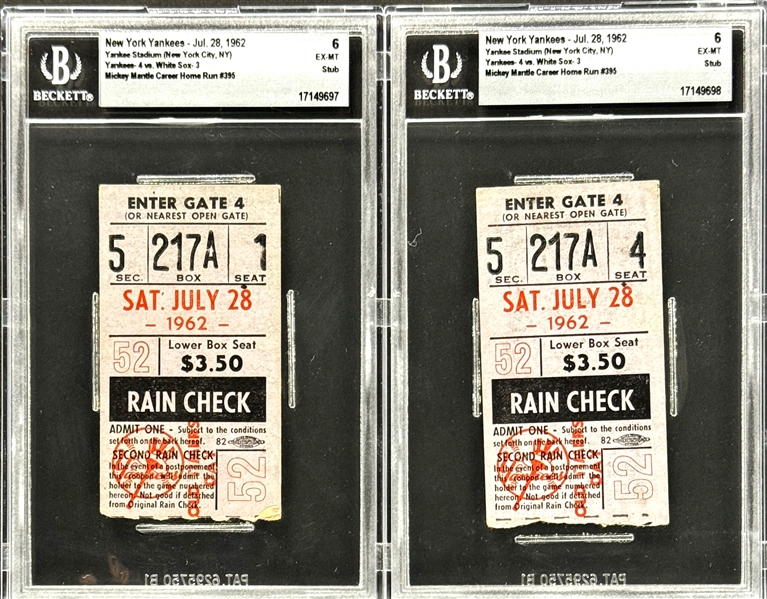 Mickey Mantle Career Home Run #395 Ticket Stubs (2) -  July 28, 1962, Yankee Stadium (Encapsulated Beckett Authentic)