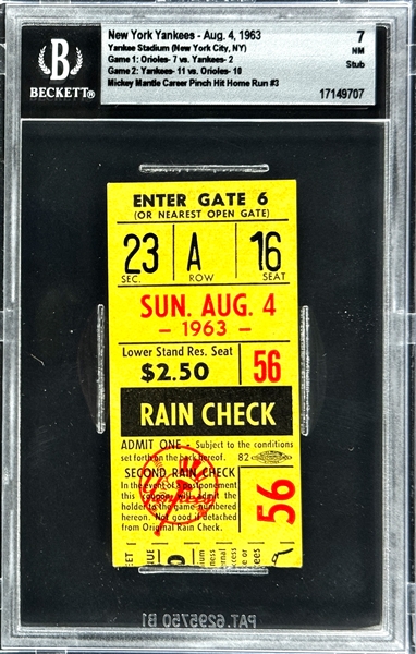 Mickey Mantle Career Home Run  #416 Ticket Stub - 3rd Career Pinch Hit HR! August 4, 1963, Yankee Stadium (Encapsulated Beckett Authentic)