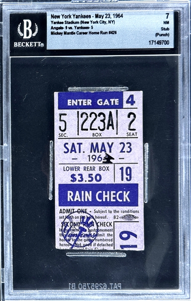 Mickey Mantle Career Home Run  #426 Ticket Stub - May 23, 1964, Yankee Stadium (Encapsulated Beckett Authentic)