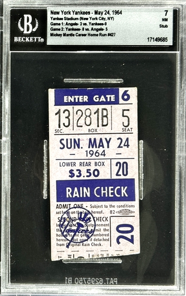 Mickey Mantle Career Home Run  #427 Ticket Stub - May 24, 1964, Yankee Stadium (Encapsulated Beckett Authentic)