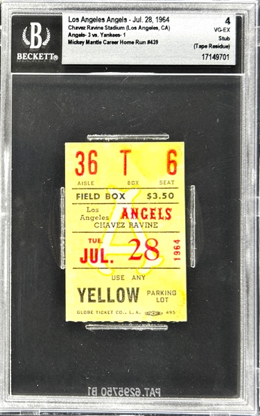 Mickey Mantle Career Home Run  #439 Ticket Stub - July 28, 1964, Chavez Ravine (Los Angeles) (Encapsulated Beckett Authentic)