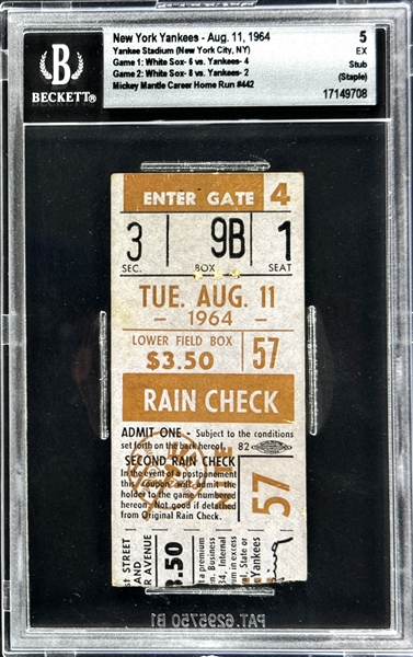 Mickey Mantle Career Home Run  #442 Ticket Stub - August 11, 1964, Yankee Stadium (Encapsulated Beckett Authentic)