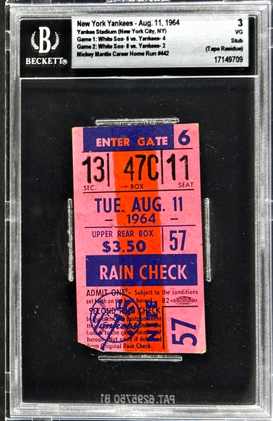 Mickey Mantle Career Home Run  #442 Ticket Stub - August 11, 1964, Yankee Stadium (Encapsulated Beckett Authentic)