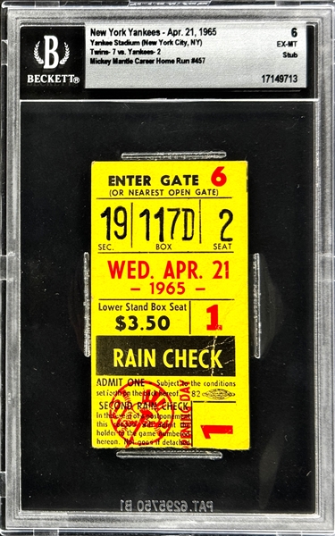 Mickey Mantle Career Home Run  #457 Ticket Stub - April 21, 1965, Yankee Stadium (Encapsulated Beckett Authentic)