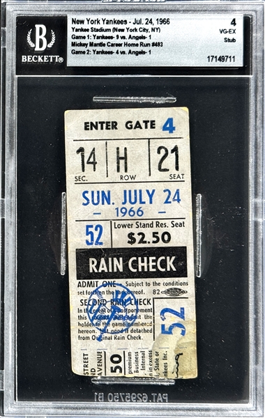 Mickey Mantle Career Home Run  #493 Ticket Stub - July 24, 1966, Yankee Stadium  (Encapsulated Beckett Authentic)