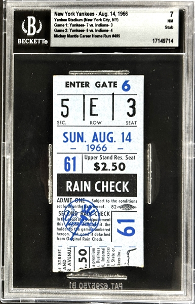 Mickey Mantle Career Home Run  #495 Ticket Stub - August 14, 1966, Yankee Stadium (Encapsulated Beckett Authentic)