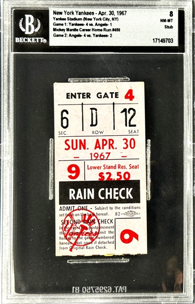 Mickey Mantle Career Home Run  #498 Ticket Stub - April 30, 1967, Yankee Stadium (Encapsulated Beckett Authentic)