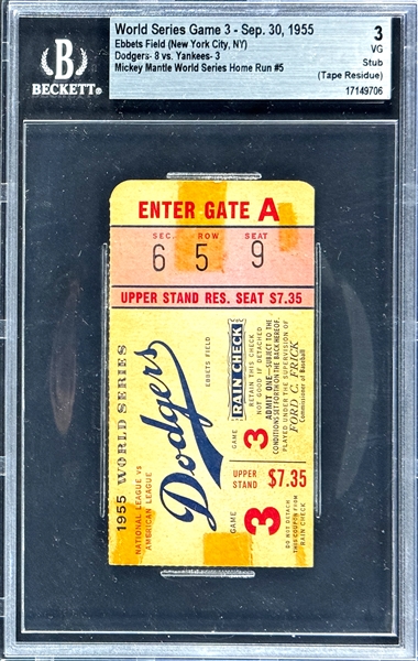 1955 Mickey Mantle World Series Home Run #5 Ticket Stub - September 30, 1955, Ebbets Field  (Encapsulated Beckett Authentic)