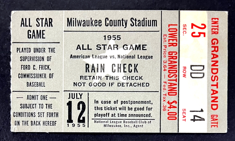 1955 All Star Game Ticket Stub - Mickey Mantle and Stan Musial Home Runs - July 12, 1955, Milwaukee County Stadium