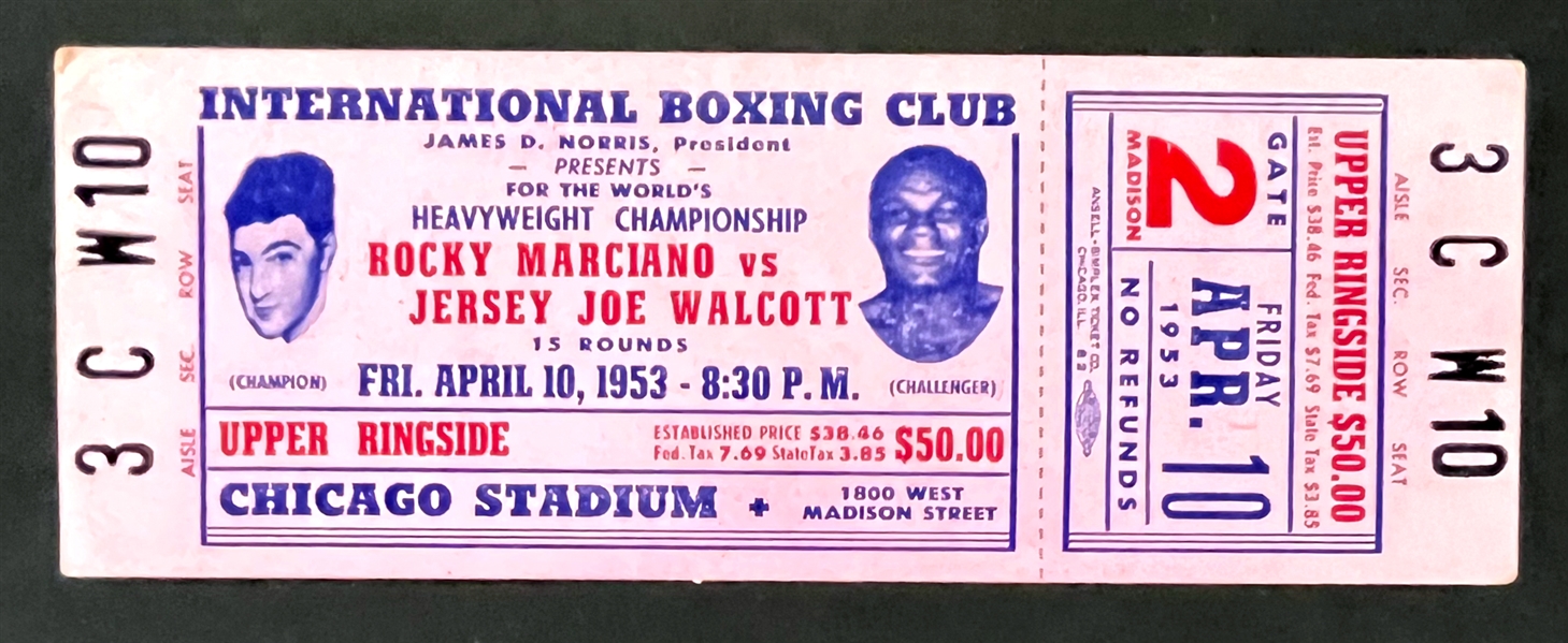 1953 Rocky Marciano vs. Jersey Joe Walcott Heavyweight Championship FULL Ticket - April 10, 1953, Chicago Stadium