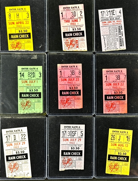 1962 New York Yankees Ticket Stub Collection (9) Mickey Mantle MVP Season