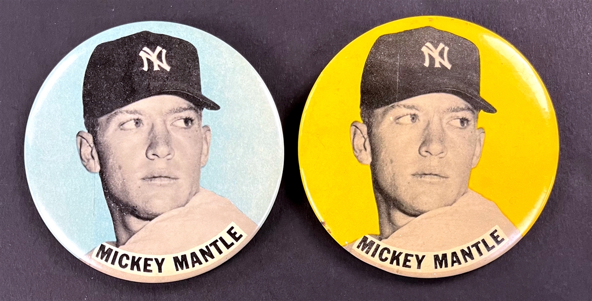 1960s Mickey Mantle Yankee Stadium Pinbacks - Yellow and Blue Variations (2)