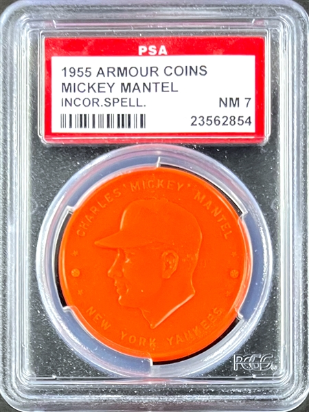 1955 Armour Coins Mickey Mantle (Incorrect Spelling)  (Orange) - PSA NM 7