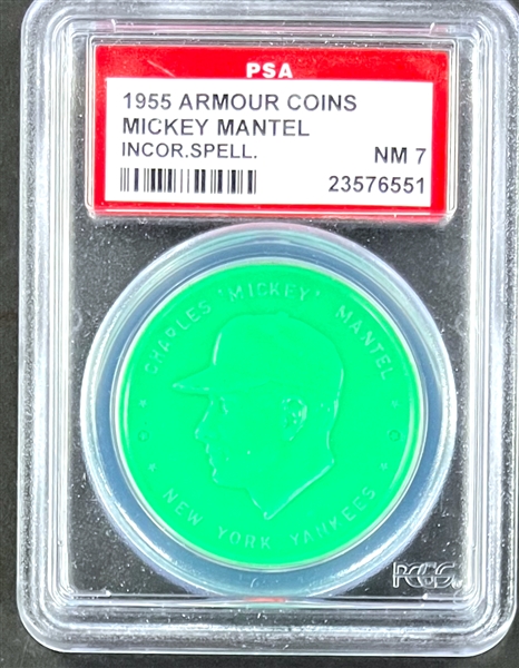 1955 Armour Coins Mickey Mantle (Incorrect Spelling)  (Green) - PSA NM 7