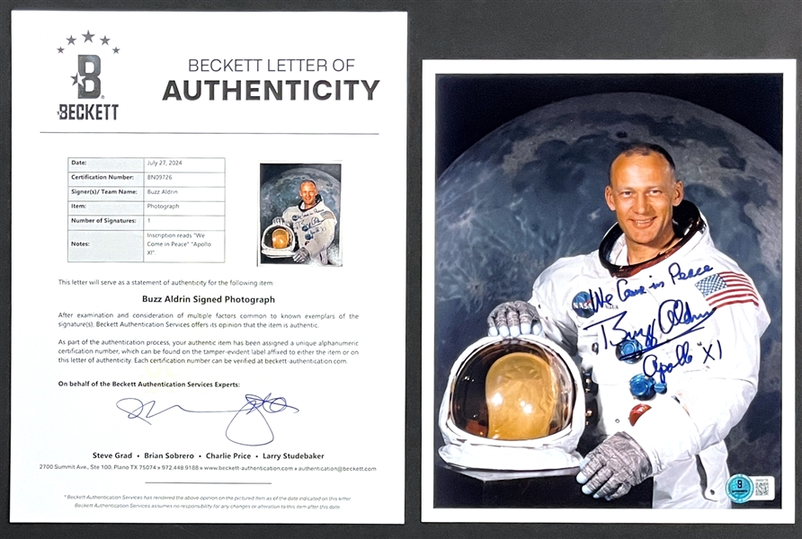 Buzz Aldrin "We Come in Peace" "Apollo XI" Astronaut Signed 8 x 10 Photo (Beckett Authentic)