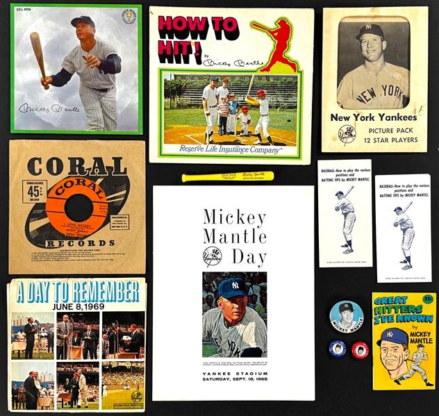 Mickey Mantle Memorabilia Collection (14 Pieces) Incl. Records, Pinbacks and "Mickey Mantle Day" Program