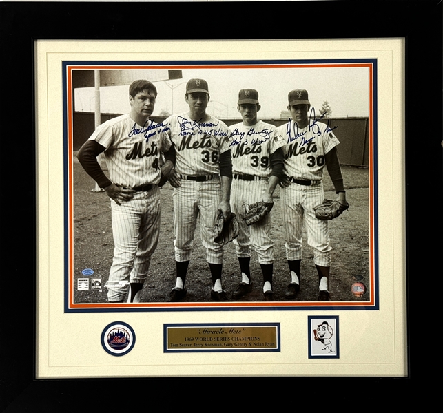 1969 "Miracle Mets"  Pitchers Signed 16x20 Photo with WS Game Wins/Saves Inscriptions - Tom Seaver, Jerry Koosman, Gary Gentry and Nolan Ryan (Beckett Authentic)