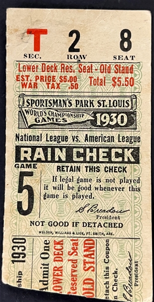 1930 World Series Game 5 Ticket Stub at Sportsmens Park, St. Louis - Jimmie Foxx 9th Inning Game-Winer 2-Run Home Run