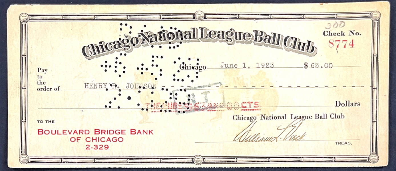 1923 Bill Veeck, Sr. Signed "Chicago National League Ball Club" Check (Beckett Authentic)