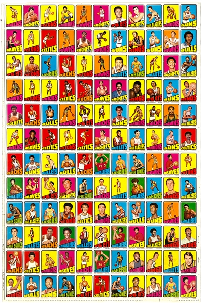 1972-73 Topps Basketball Series 1 Uncut Sheet of 132 Cards Incl. Chamberlain, Maravich, Jabbar, Robertson, West and Others