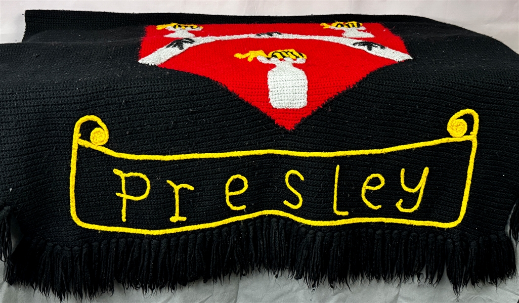 1960s Elvis Presleys "PRESLEY" Family Crest Afghan from His Home - Given to Linda Thompsons Parents - Former Jimmy Velvet Collection