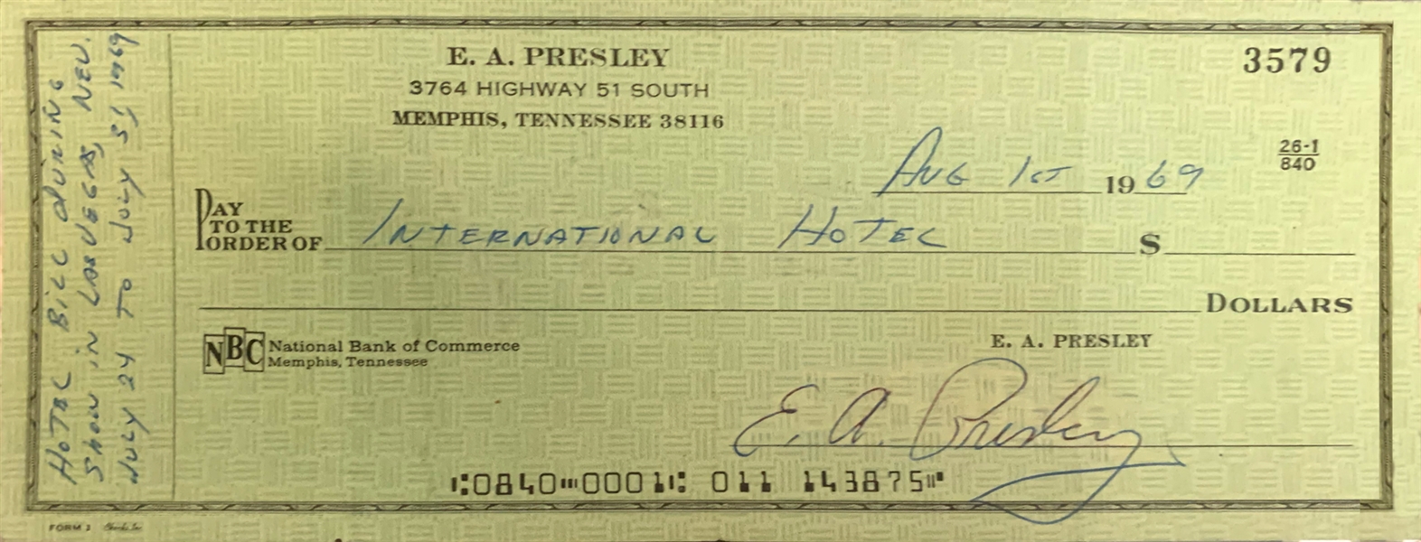 1969 Elvis Presley Signed Personal Check to The International Hotel Dated August 1, 1969 (Beckett Authentic)