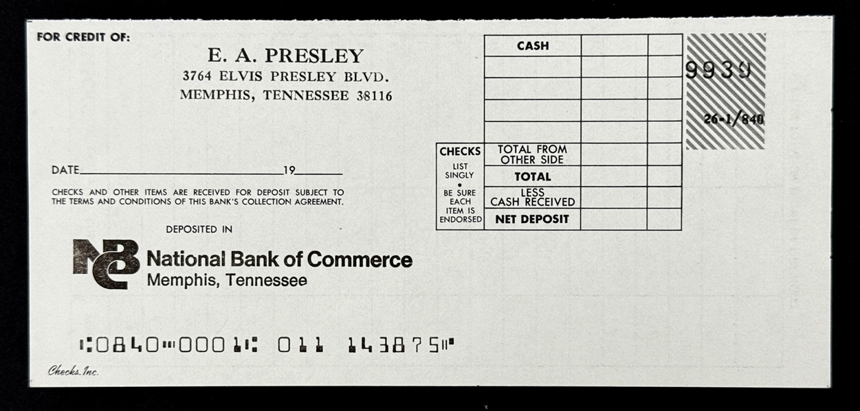 E.A. Presley National Bank of Commerce Deposit Slip from His Personal Checkbook