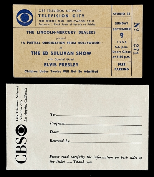 1956 Elvis Presley <em>Ed Sullivan Show</em> Ticket for Sept. 9, 1956 Appearance with Original "CBS" Envelope