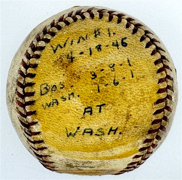 1946 Mickey Harris Win #1 ("4-18-46") Game Used Baseball - From his 17-Win Season