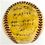 1946 Mickey Harris Win #3 (4-28-46) Game Used Baseball - From his 17-Win Season