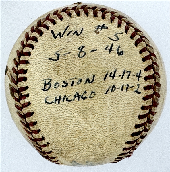 1946 Mickey Harris Win #5 ("5-8-46") Game Used Baseball - From his 17-Win Season