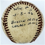 1946 Mickey Harris Win #5 ("5-8-46") Game Used Baseball - From his 17-Win Season