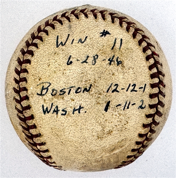 1946 Mickey Harris Win #11 ("6-28-46") Game Used Baseball - From his 17-Win Season