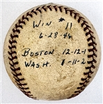 1946 Mickey Harris Win #11 ("6-28-46") Game Used Baseball - From his 17-Win Season