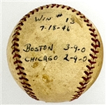 1946 Mickey Harris Win #13 ("7-18-46") Game Used Baseball - From his 17-Win Season