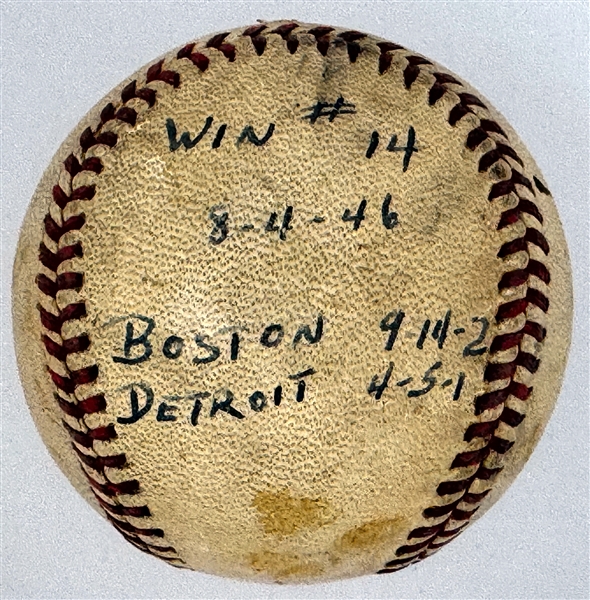 1946 Mickey Harris Win #14 ("8-4-46") Game Used Baseball - From his 17-Win Season