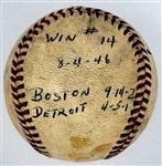 1946 Mickey Harris Win #14 ("8-4-46") Game Used Baseball - From his 17-Win Season